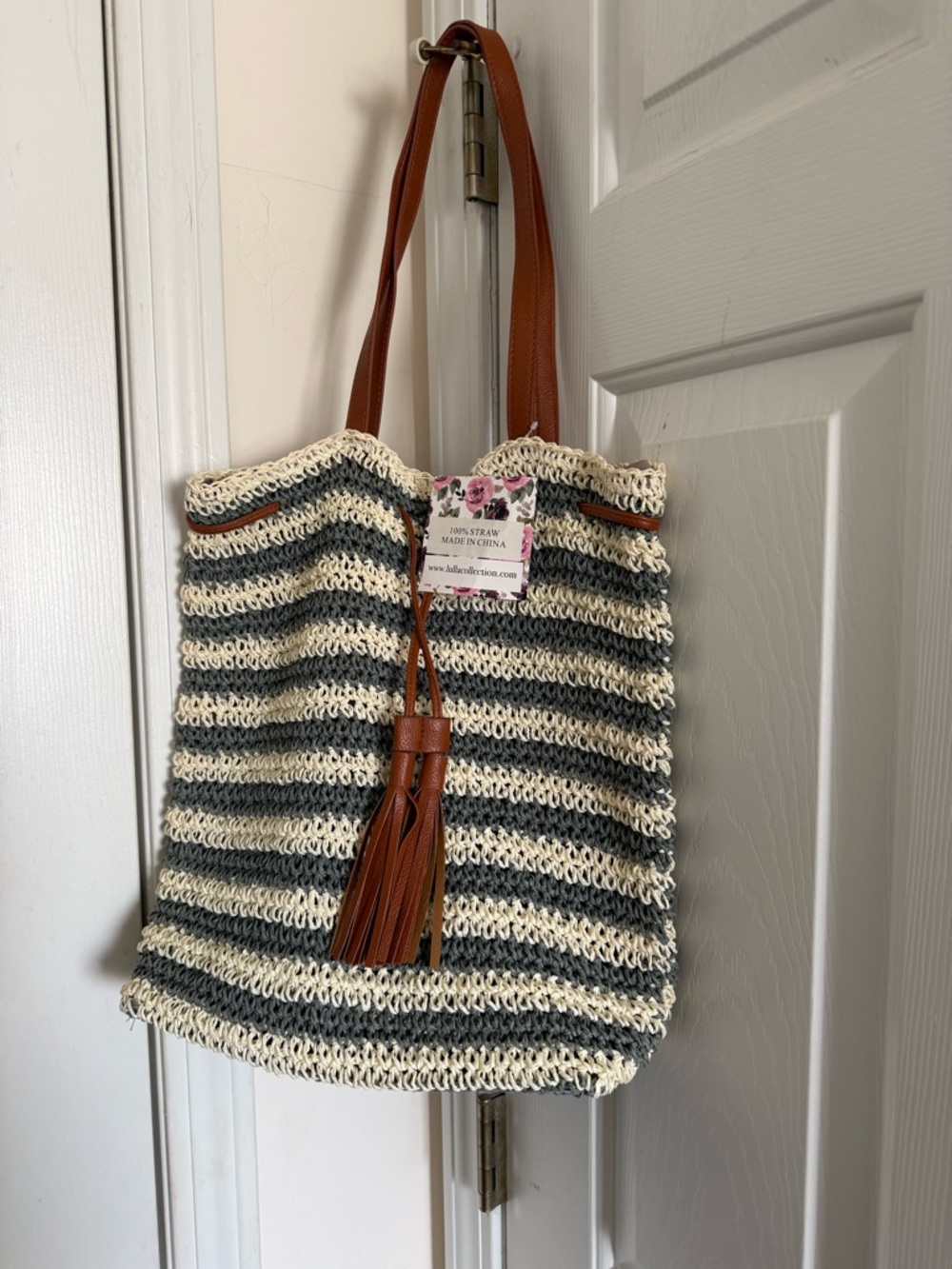 Striped Knit Tote with Brown Tassel Straps